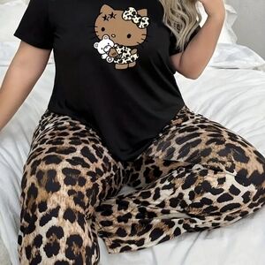 (2/$20) Black Hello Kitty T-Shirt with Leopard Print Pajama Pants